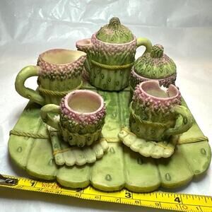 vintage 1990s miniature tea set featuring a whimsical asparagus and pink blossom